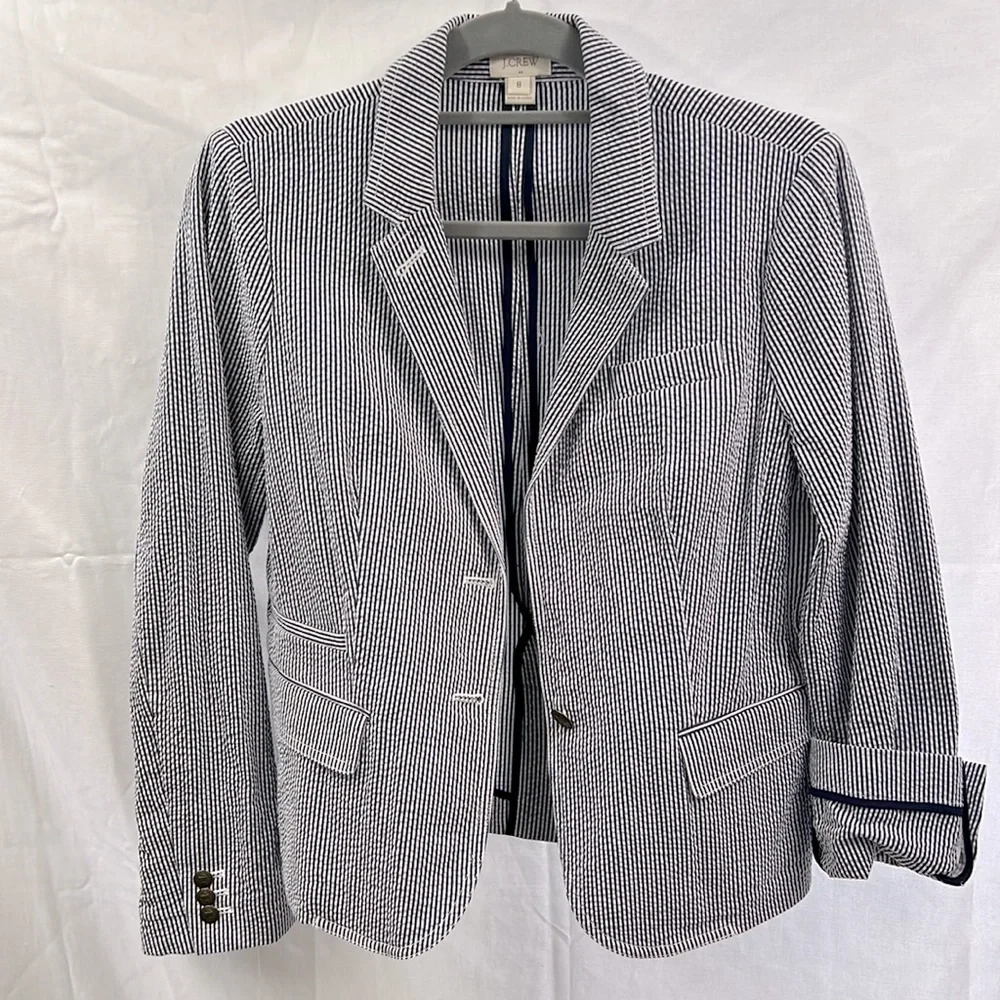 J. Crew Navy & White Striped Seersucker Blazer